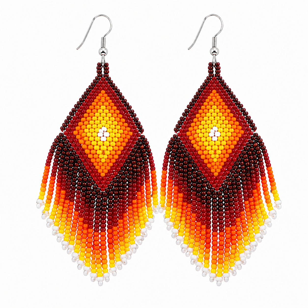 Handcrafted Orange & Yellow Beaded Fringe Earrings – 3.7” Wide Statement Dangle, Czech Seed Beads, Lightweight Artisan Jewelry for Women
