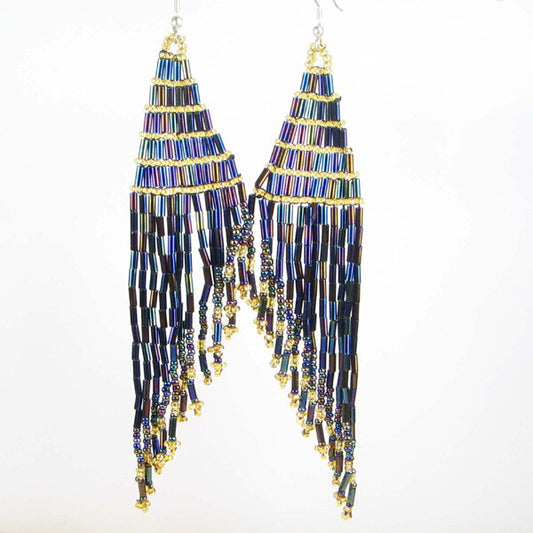 Handmade Beaded Black Rainbow Seed Bead Chandelier Long Earrings