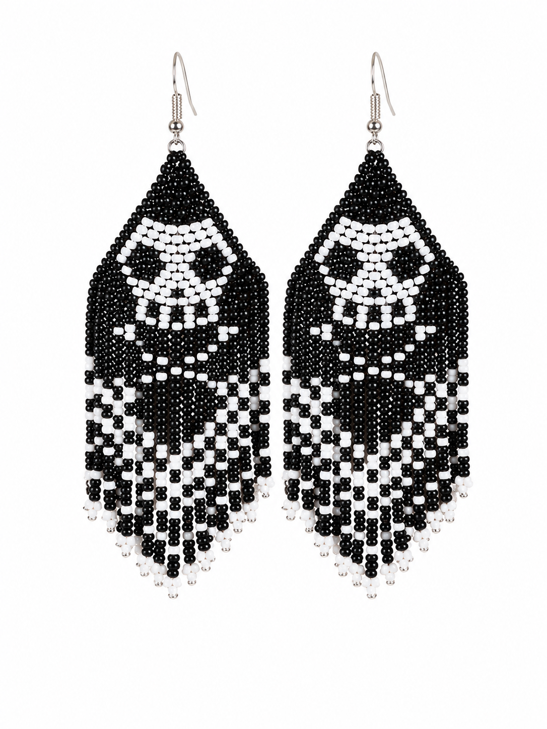 Handmade Skull Beaded Fringe Earrings – Czech Seed Beads 11/0 – Black & White Statement Earrings – 4 Inch Long – 15g – BeadsCorner