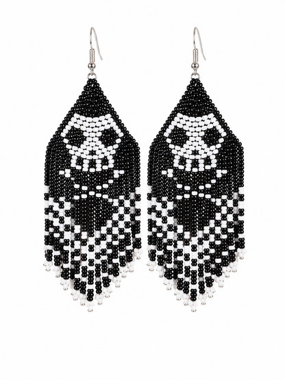 Handmade Skull Beaded Fringe Earrings – Czech Seed Beads 11/0 – Black & White Statement Earrings – 4 Inch Long – 15g – BeadsCorner