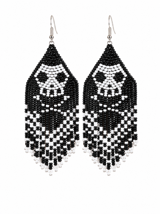 Handmade Skull Beaded Fringe Earrings – Czech Seed Beads 11/0 – Black & White Statement Earrings – 4 Inch Long – 15g – BeadsCorner