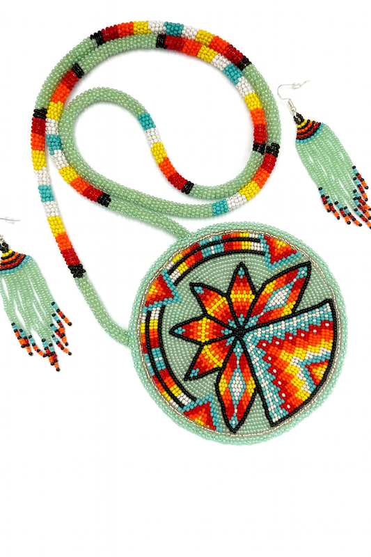 Light Green Fire Sunburst Tepee Beaded Pendant Necklace & Earrings Set