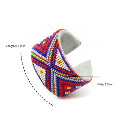 Handmade Beaded Red Multi-colored Leather Hard Cuff Bracelet - Geometric Design, Adjustable