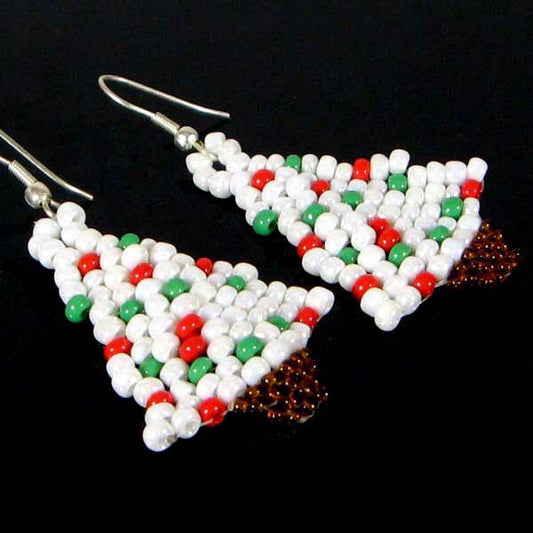 Handmade Beaded White Christmas Tree Small Seed Bead Earrings