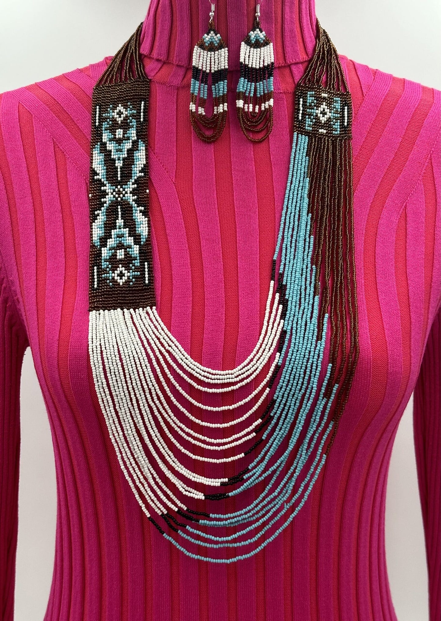 Brown and Cyan Boho Beaded Necklace &amp; Earrings Set