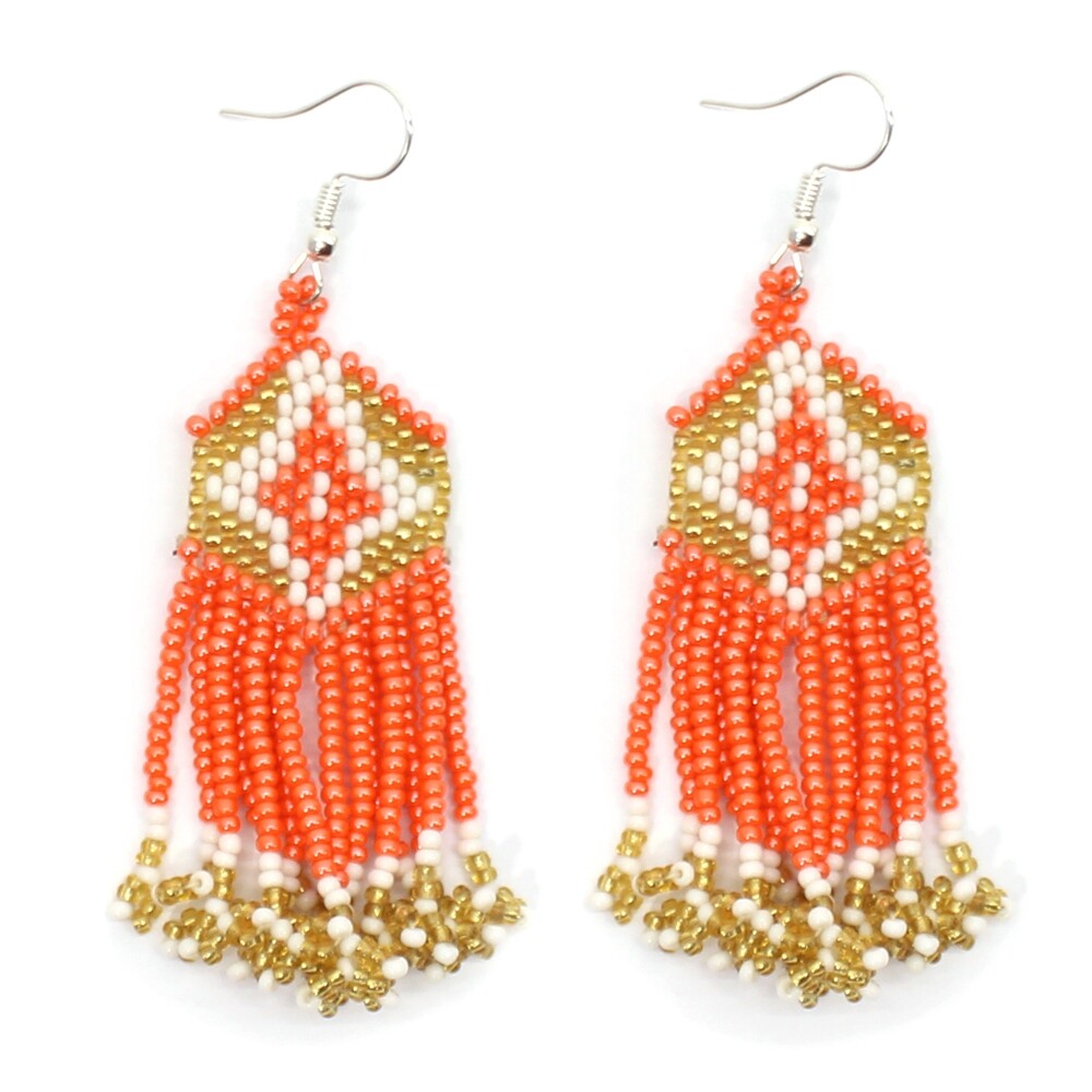 Handmade Beaded Orange Gold White Seed Bead Choker Necklace Earrings Set