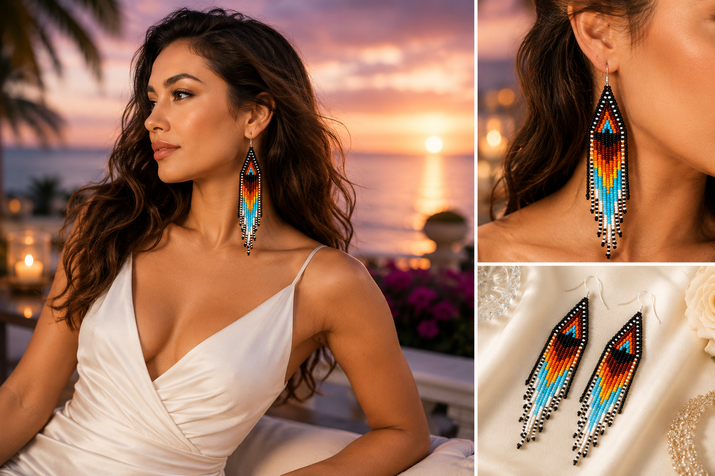 Handmade Czech Seed Bead Fringe Earrings – 5 Inch Native-Inspired Dangle Earrings – Black, Orange, Turquoise & White | BeadsCorner