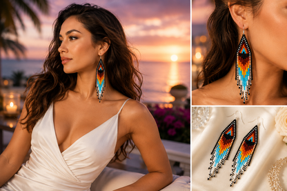 Handmade Czech Seed Bead Fringe Earrings – 5 Inch Native-Inspired Dangle Earrings – Black, Orange, Turquoise & White | BeadsCorner