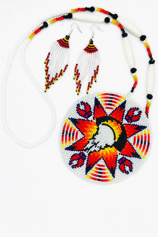 Handmade White Red Beaded Necklace Earrings Set with Pendant