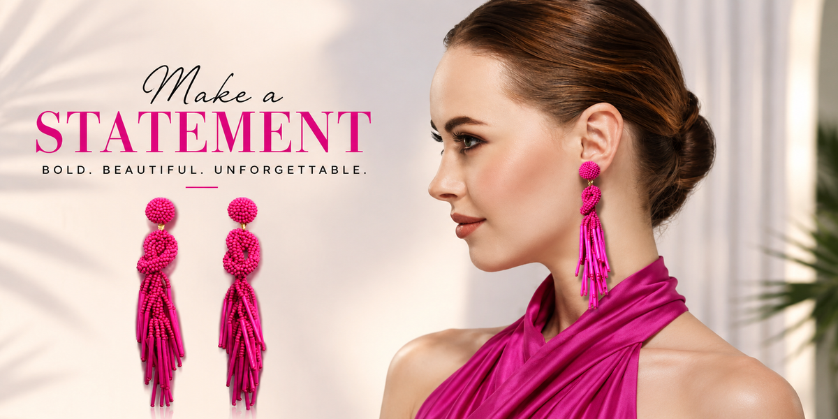 Handmade Beaded Solid Color Fuchsia Post Statement Earrings for Women All Season - 4 inch Long Dangle with Celtic Knot Design - Czech Seed Beads - Fuchsia