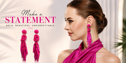 Handmade Beaded Solid Color Fuchsia Post Statement Earrings for Women All Season - 4 inch Long Dangle with Celtic Knot Design - Czech Seed Beads - Fuchsia