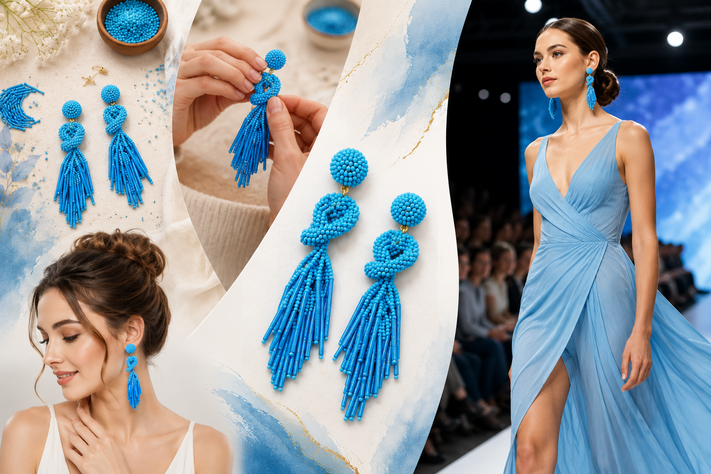 Handmade Beaded Solid Cyan Blue Color Post Statement Earrings for Women All Season - 4 inch Long Dangle with Celtic Knot Design - Czech Seed Beads - Cyan Blue