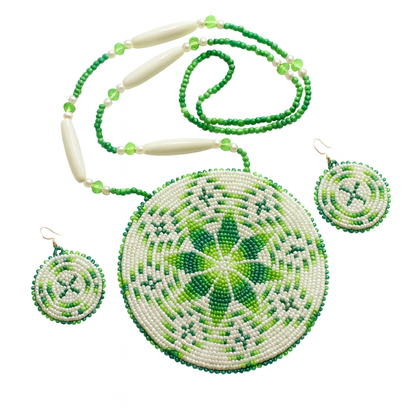 Handmade beaded 4" Green Flower/Starburst necklace Earrings set