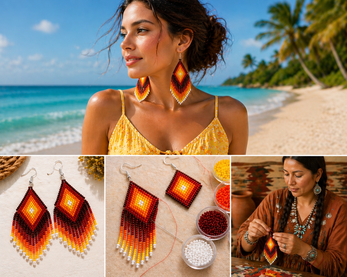 Handcrafted Orange & Yellow Beaded Fringe Earrings – 3.7” Wide Statement Dangle, Czech Seed Beads, Lightweight Artisan Jewelry for Women