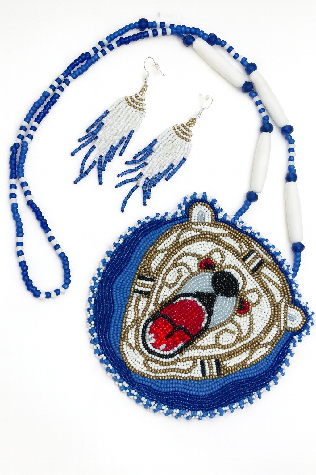 Blue White Beaded Roaring Bear Pendant Necklace & Earrings Set