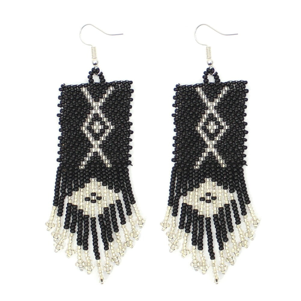Handmade Beaded Black Seed Bead Big Earrings