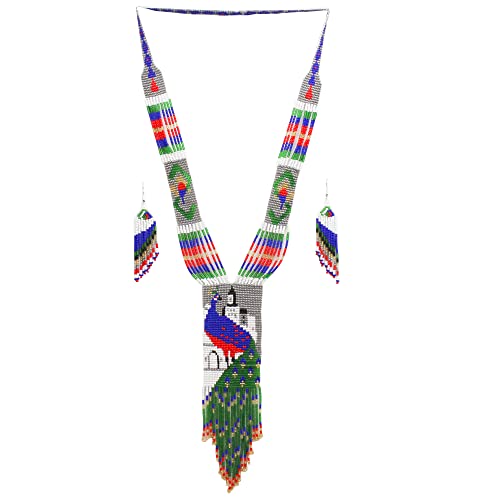 Native Tribal Style Long Statement Beaded Necklace for Women Y Shape - Green Blue Peacock