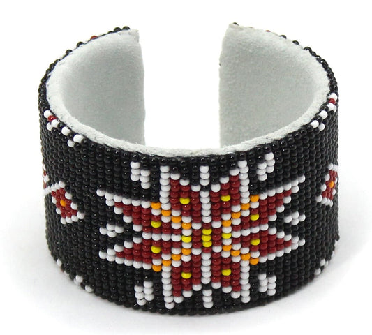 Handmade Black Red White Beaded Flower Pattern Cuff Bracelet, Adjustable and Bendable
