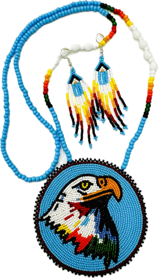 Handmade beaded Cyan Blue Eagle necklace earrings set