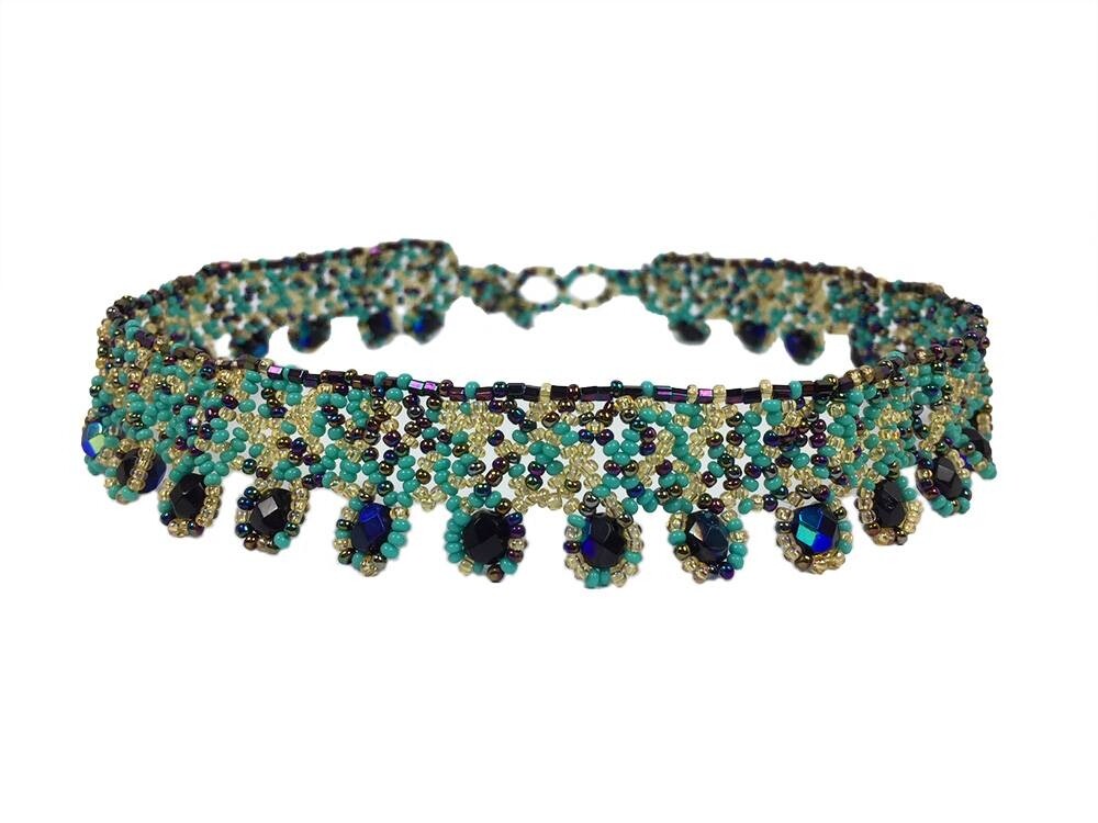 Handmade Beaded Beaded Blue Gold Fashion Choker Necklace Earrings Set