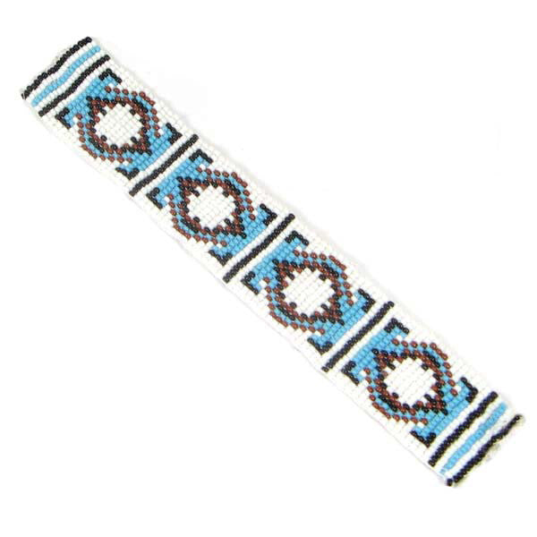 Handmade Beaded Cyan Blue, White, Brown Medicine Man's Eye Hard Cuff Leather Bracelet - Symbol of Protection and Wisdom