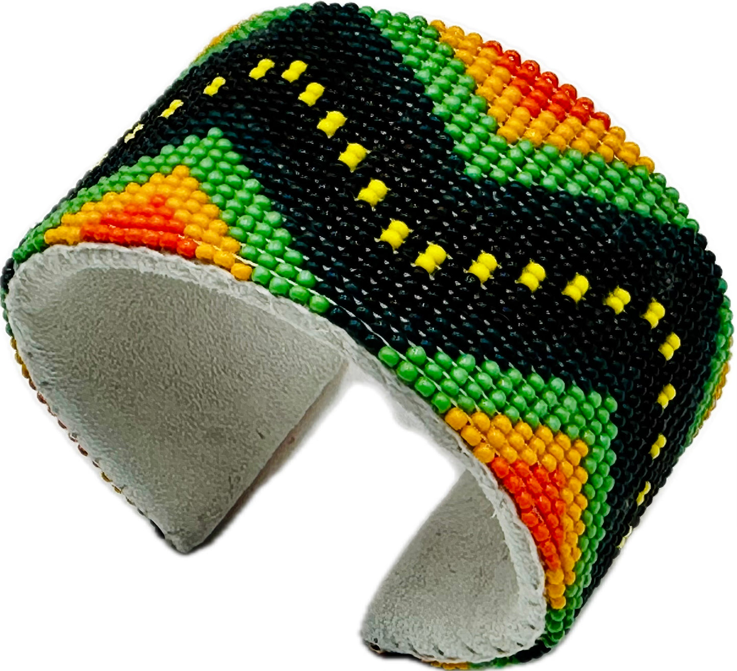 Handmade Beaded Green Orange leather hard cuff Bracelet