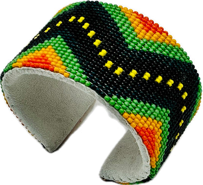 Handmade Beaded Green Orange leather hard cuff Bracelet