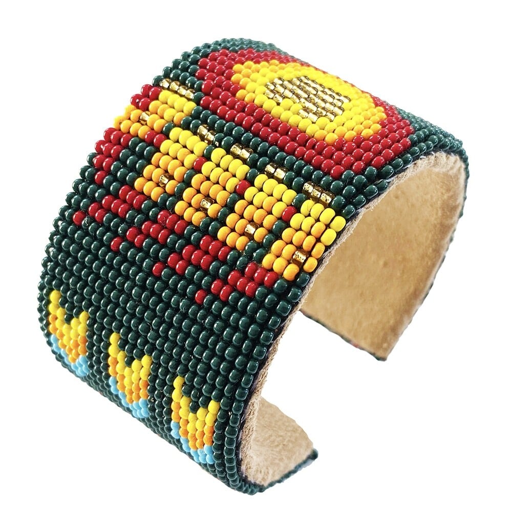 Handmade Beaded Hunter Green Red Bear Paw design Suede Leather Cuff Bracelet