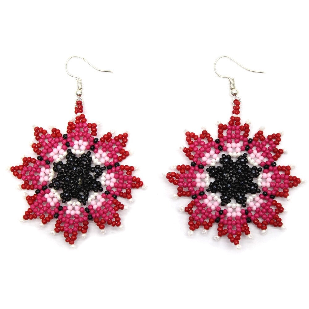 Handmade Beaded Native Style Red Pink Bohemian Flower Hook Earrings