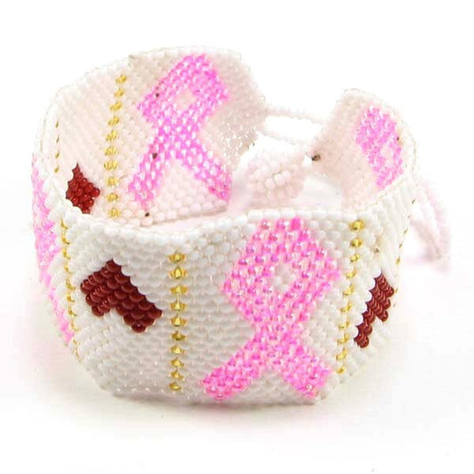Pink Ribbon Breast Cancer Awareness Beaded Bracelet Soft Cuff