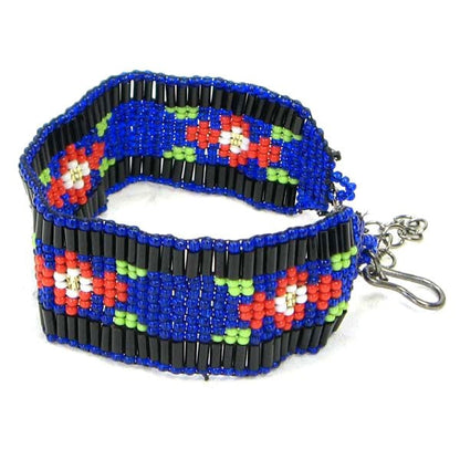 Handmade Beaded Blue Seed Beads Flower 1 Inch Soft Cuff Bracelet