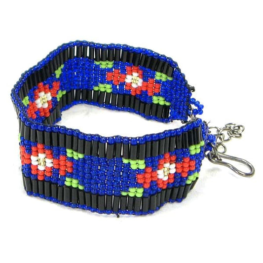 Handmade Beaded Blue Seed Beads Flower 1 Inch Soft Cuff Bracelet