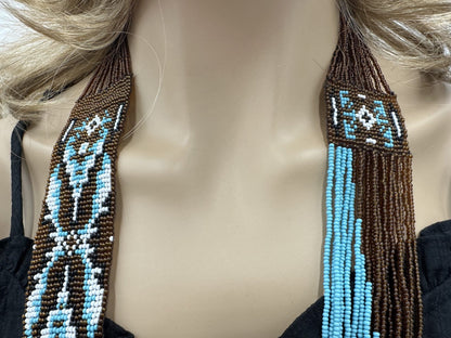 Brown and Cyan Boho Beaded Necklace &amp; Earrings Set