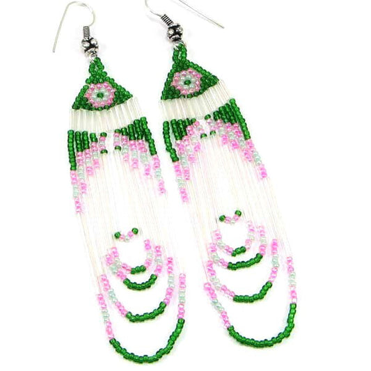 Handmade Beaded Green Clear White Seed Bead Earrings
