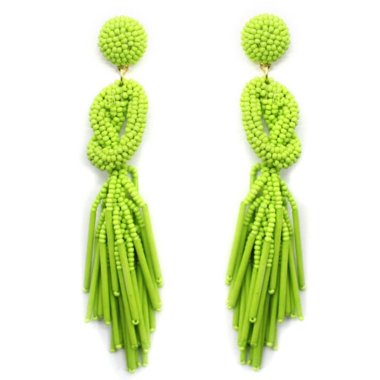 Handmade Beaded Solid Color Post Statement Earrings for Women Girl All Season - 4 inch Long Dangle with Celtic Knot Design - Czech Seed Beads - Olive Green