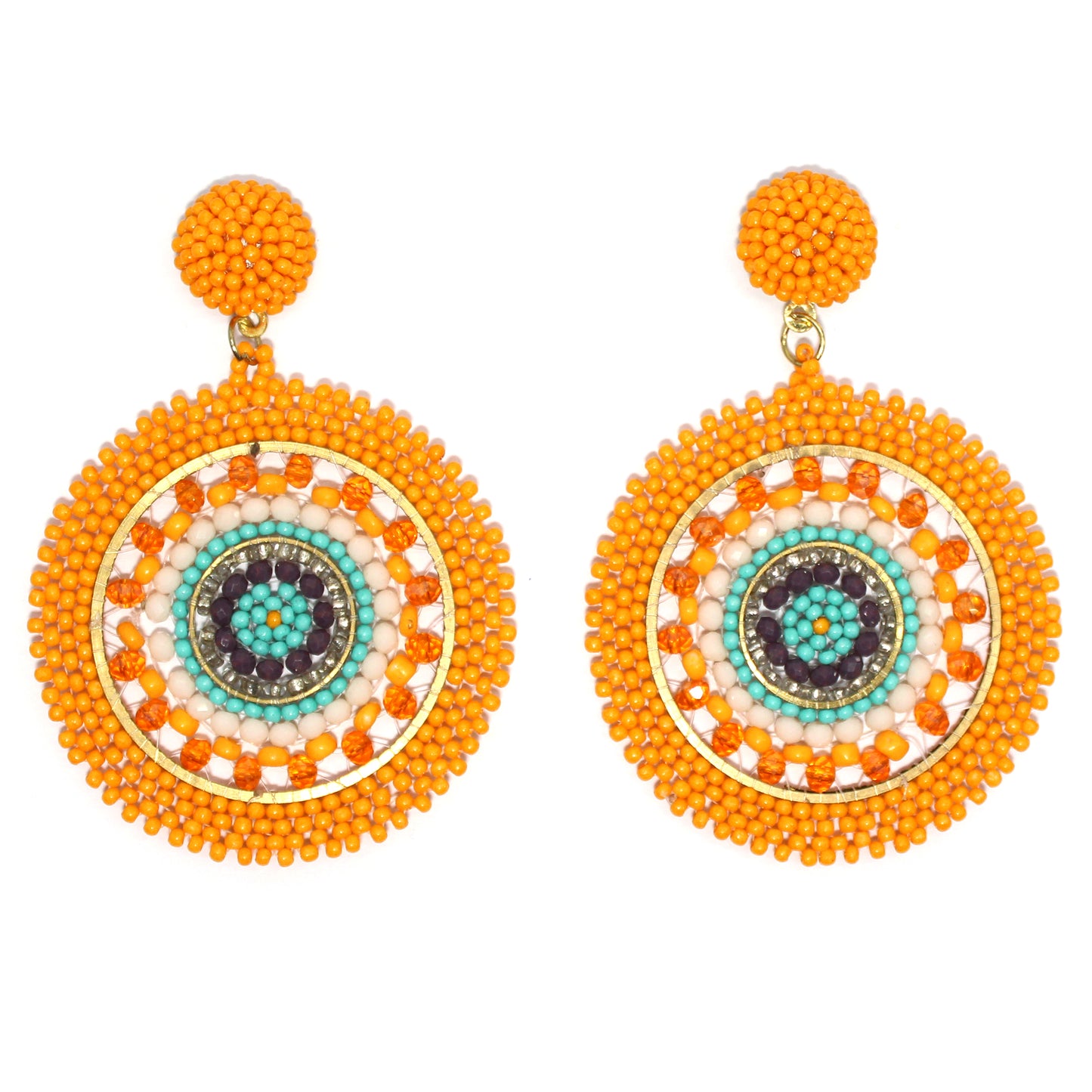 Handmade Beaded Bright Neon Colorful Post Round Earrings for Women Girl All Season - Orange