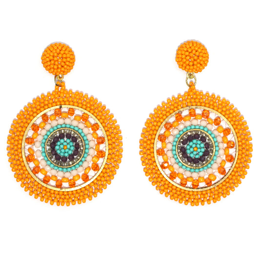 Handmade Beaded Bright Neon Colorful Post Round Earrings for Women Girl All Season - Orange