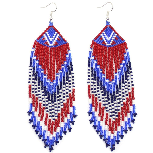 Handmade Beaded Patriotic Red White Blue Color Hook Earrings