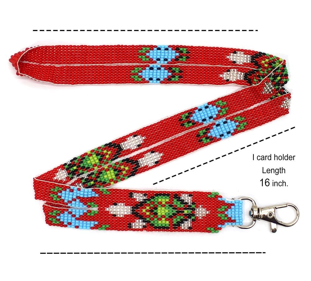 Handmade Beaded Turtle Design Red Blue Lanyard