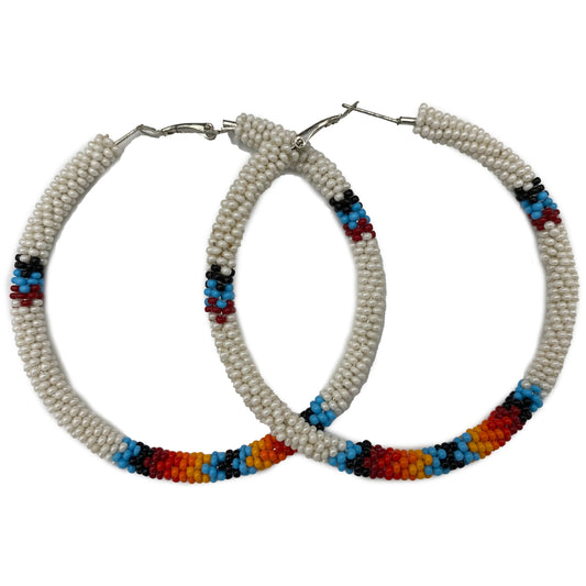 Handmade Native Style 3 Inch Hoop Earrings with Czech Seed Beads - White