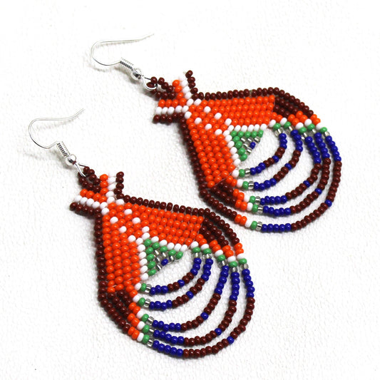 Deep Blue Orange Brown Beaded Native American Tepee Style Earrings