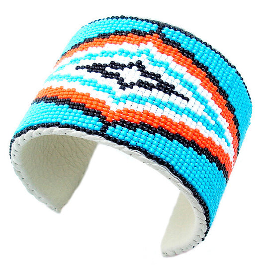 Handmade Blue Black Red Seed Beaded Cuff Bracelet Leather | Unisex Handcrafted Bracelet