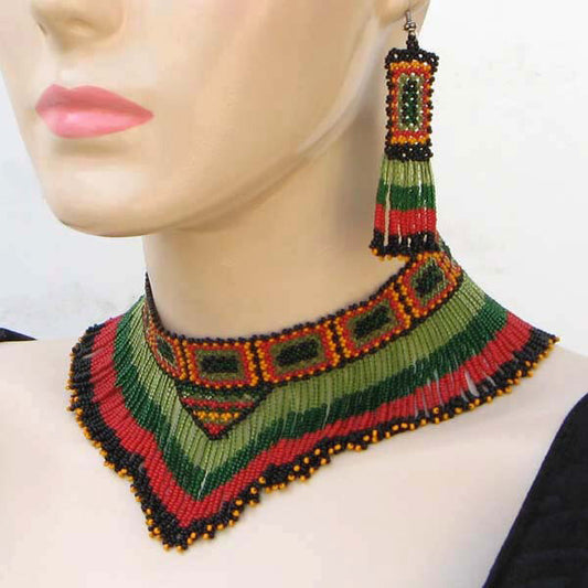 Enclosure For Ceremonial Dances Beaded Bib Necklace Earrings Set Green Red