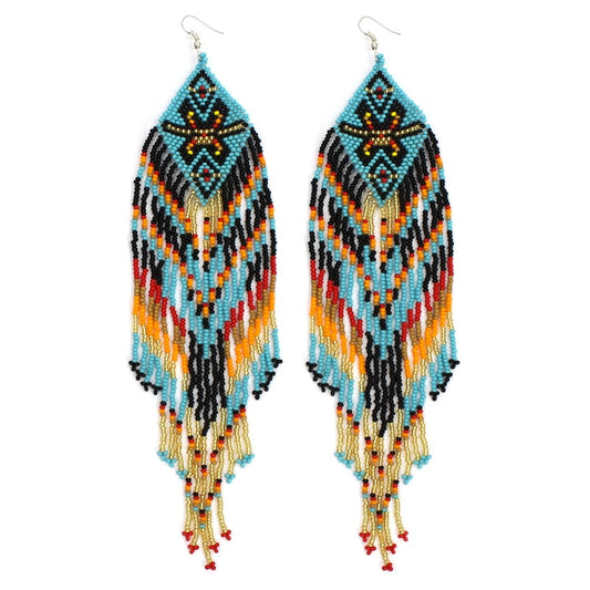 Handmade Beaded Extra Long Turquoise Blue Black Native Style Hook Earrings