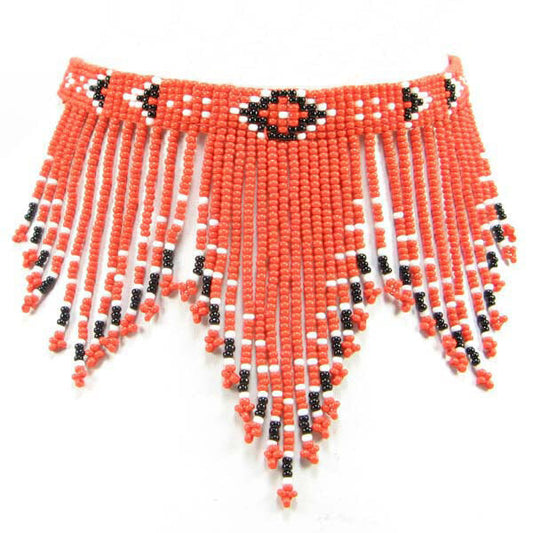 Vibrant Red Black Beaded Fringe Choker Necklace