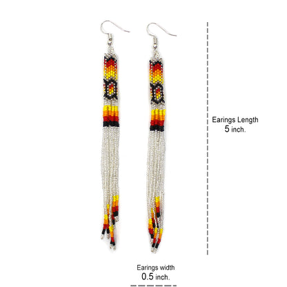 Handmade Beaded Earrings 5 Inch Long - Silver