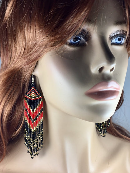 Handmade Beaded Red Black Long Dangle Fashion Earrings | Geometric Design Pattern