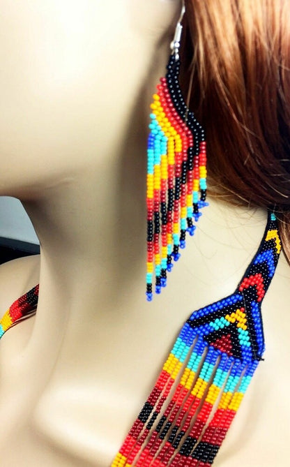 Ethnic Handmade Geometric Pattern Black Multi-Colored Long Layered Necklace Earring Set