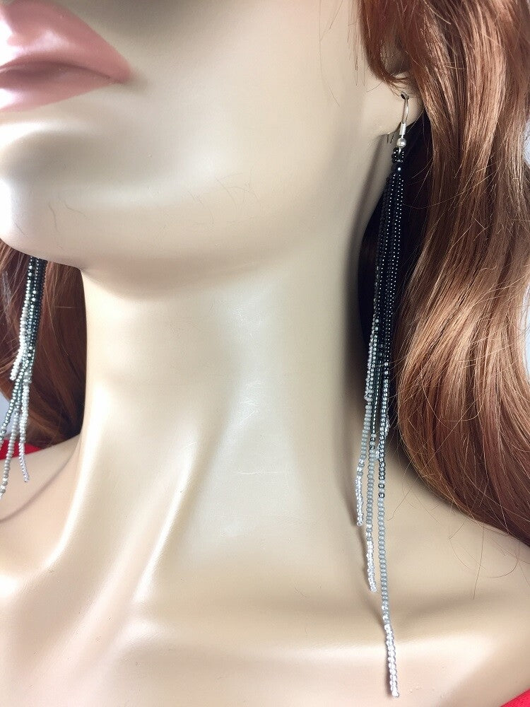 Handcrafted Beaded Black Grey Yellow Extra Long Earrings