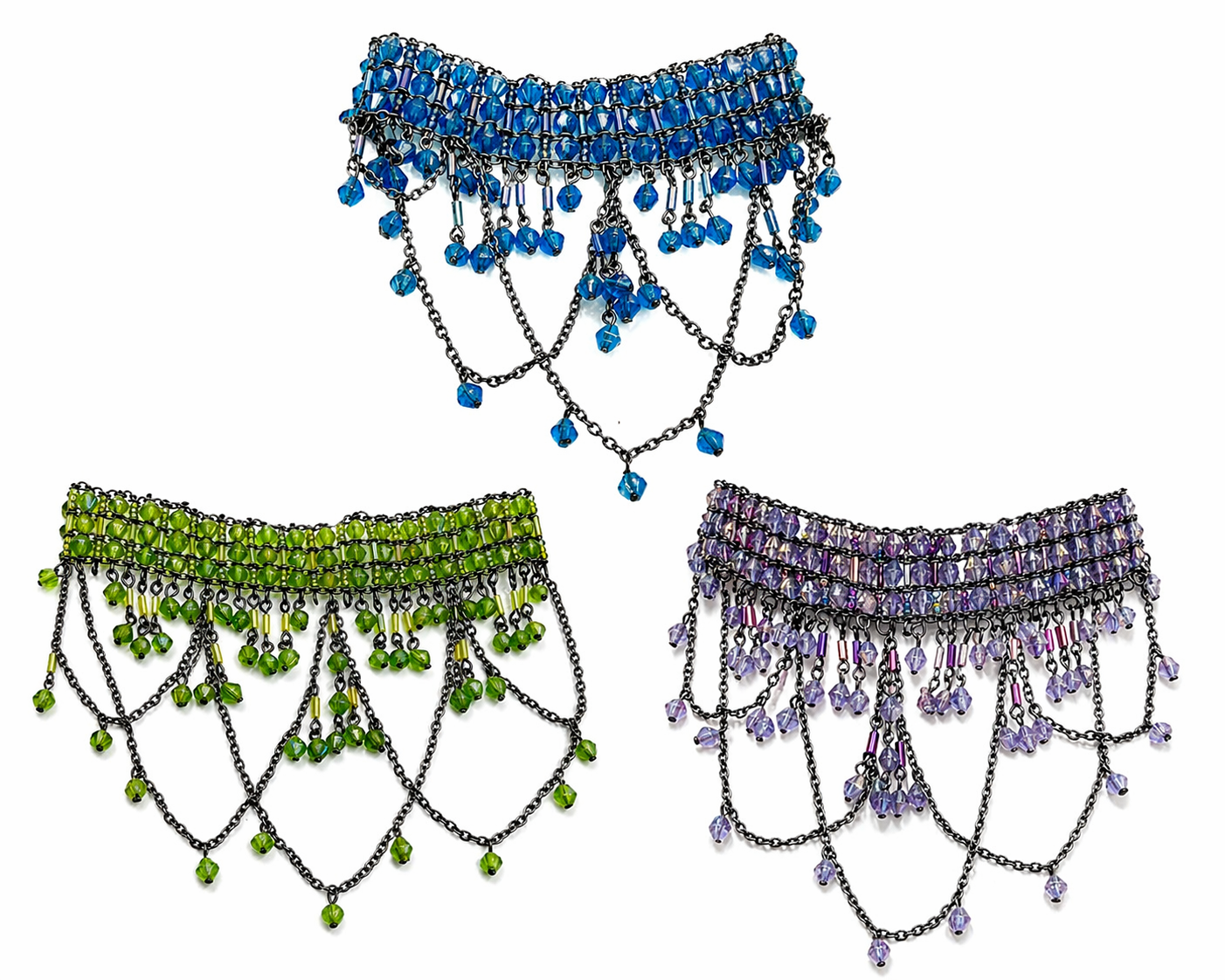 Bohemian Beaded Fringe Choker Set – 3-in-1 Bundle (Purple, Blue & Green) | Statement Necklace & Earrings Set
